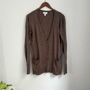 LOFT Brown Long-Sleeve Button Cardigan with Pockets